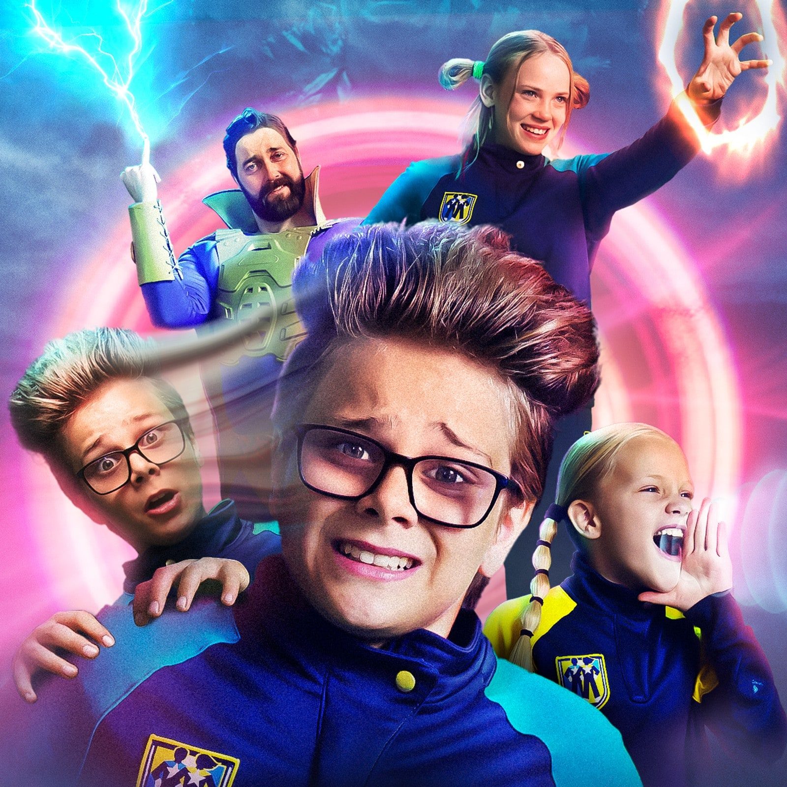 A superhero poster featuring a scared boy, a man with lightning, a girl with glowing hands, and another girl yelling.