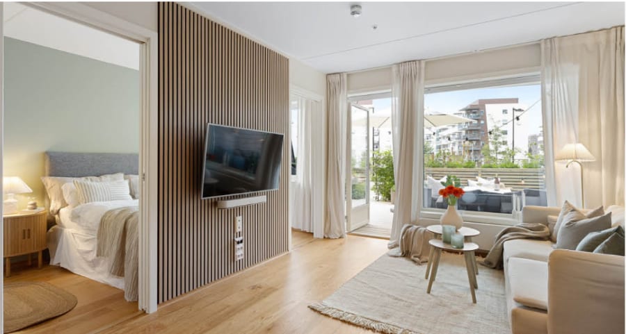Interior design, Furniture, Comfort, Azure, Wood, Couch, Building, Grey, Flooring, Table