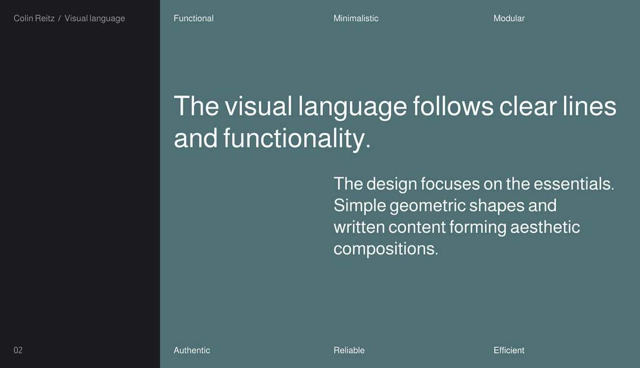 An excerpt from Colin Reitz&#x27;s Brand Book showing and describing the Visual Language.