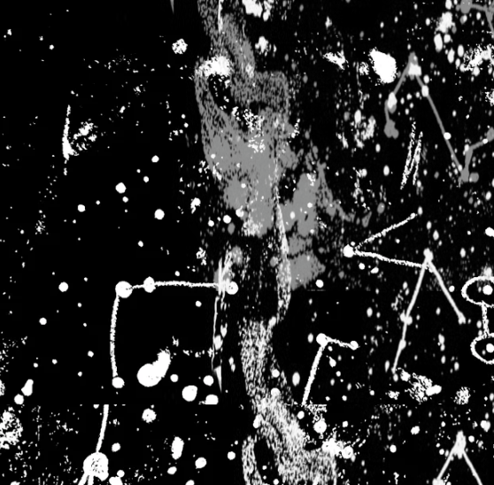 Abstract art: white speckles, constellation-like lines, and a central grey textured column.