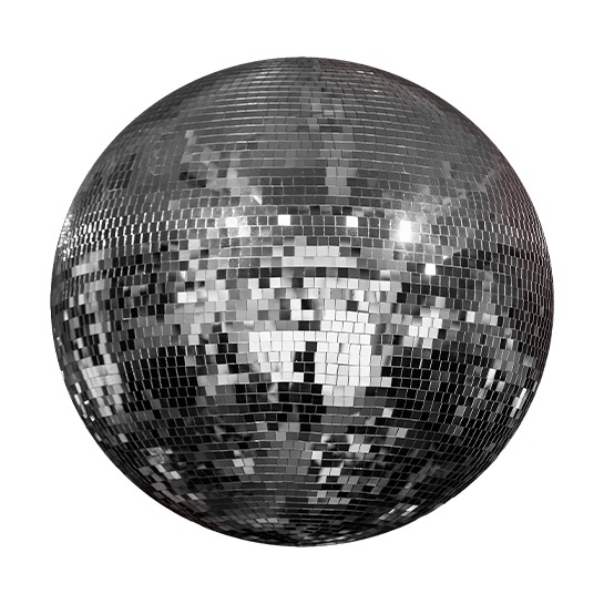 A shiny disco ball covered in square mirror tiles, reflecting light, against a green background.