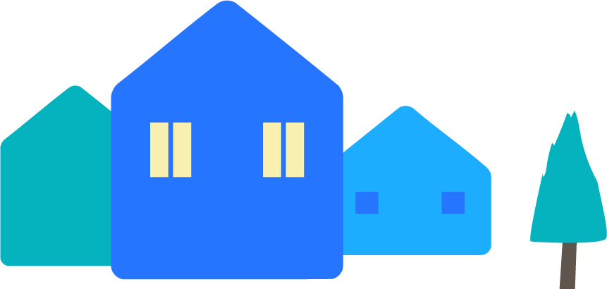 Minimalist illustration of blue houses and trees on a dark green background.