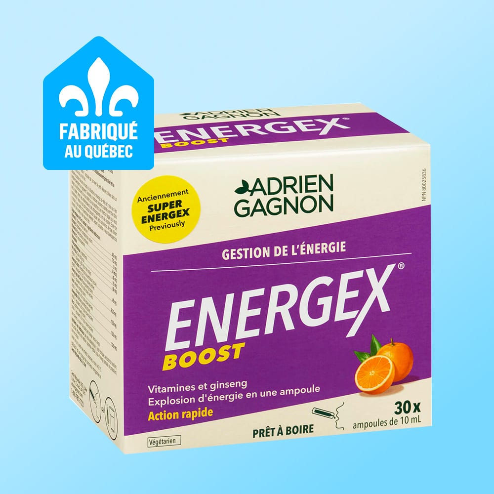 Adrien Gagnon ENERGEX BOOST energy supplement box, Made in Quebec, orange flavor.