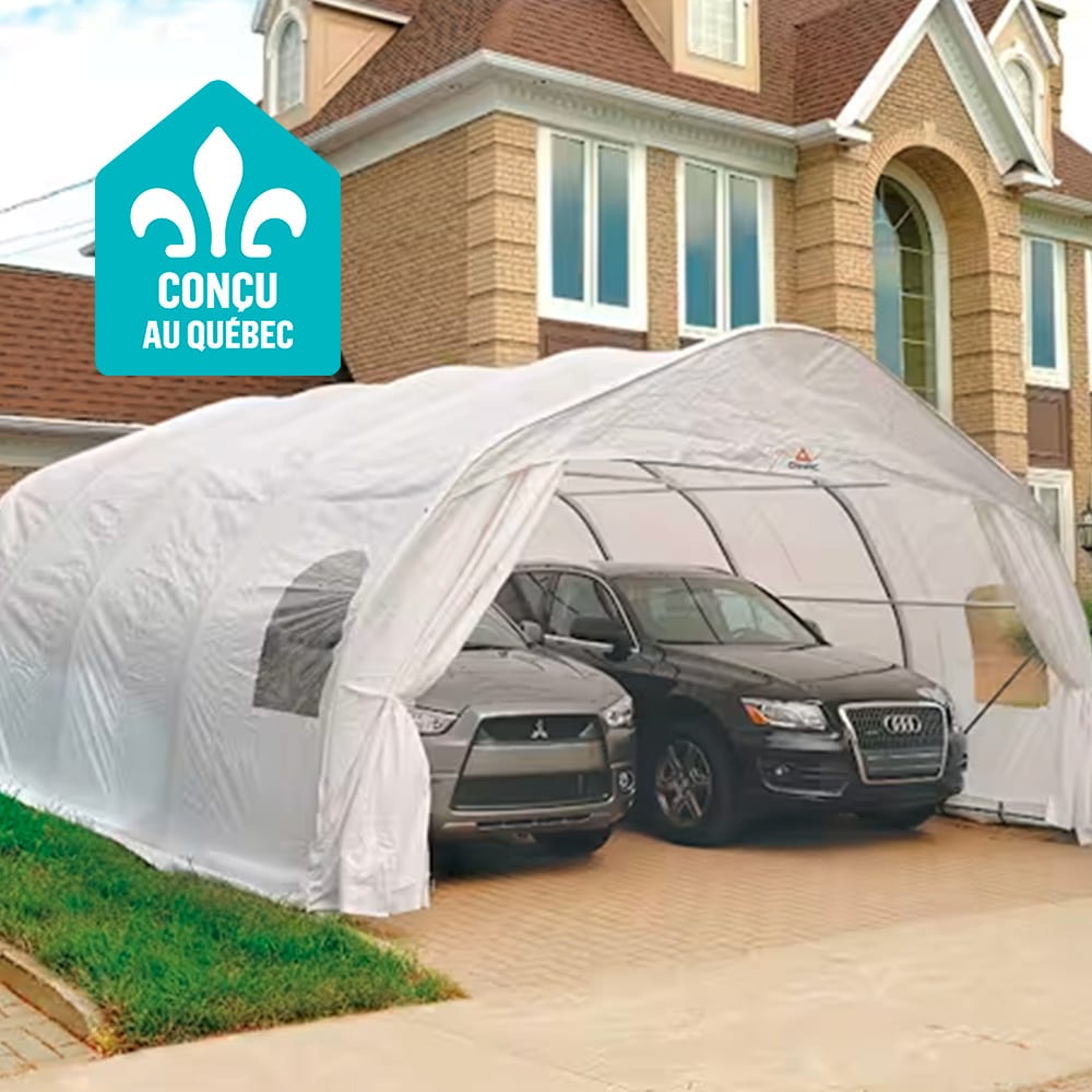 White temporary car shelter on a driveway, protecting two cars, with a large house in the background.