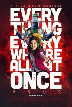 "Everything Everywhere All At Once" poster: Michelle Yeoh centered, surrounded by characters and dynamic elements.
