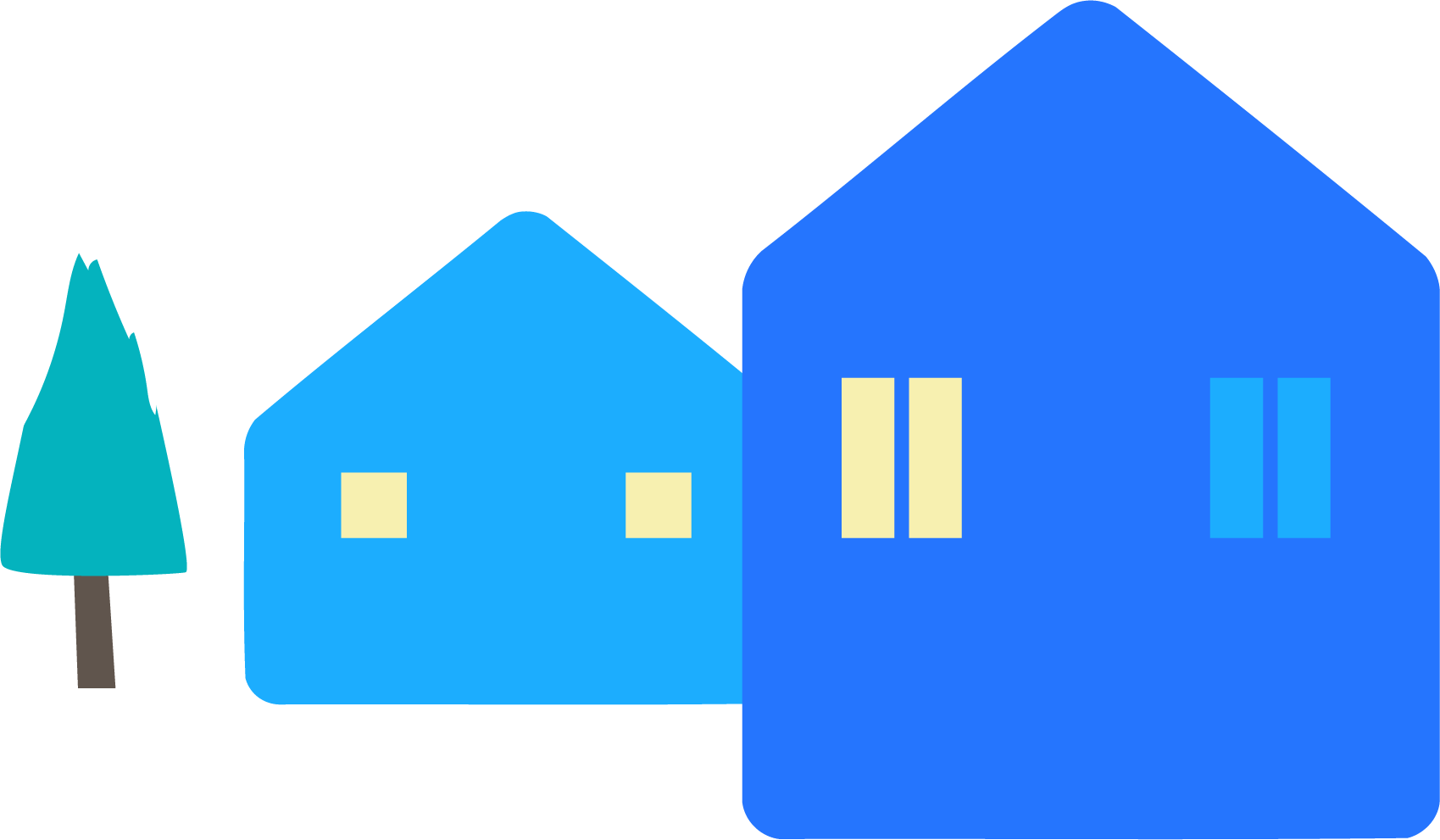 Stylized landscape: snow-capped tree, two blue houses, green background.