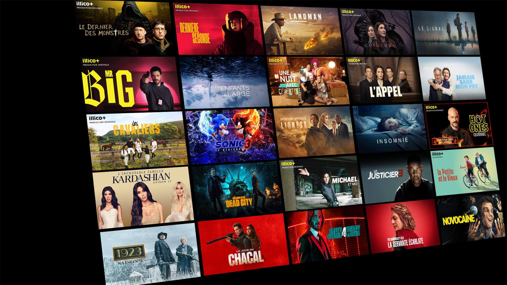 Grid of movie and TV show covers from the illico+ streaming service.