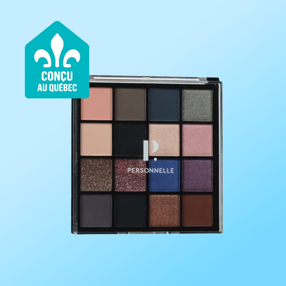 Personnelle eyeshadow palette with 16 shades and "Conçu au Québec" logo.