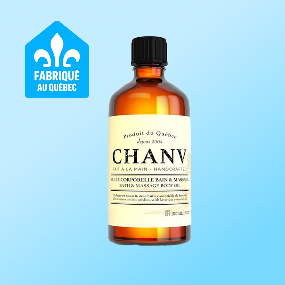 Brown bottle of CHANV bath & massage body oil (100ml), proudly made in Quebec, Canada.