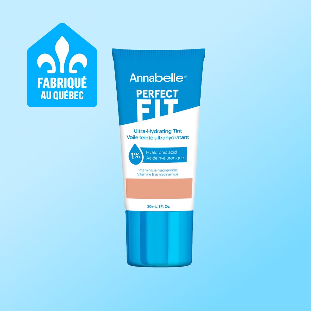 Annabelle Perfect Fit Ultra-Hydrating Tint tube with peach swatch and "Fabriqué au Québec" logo.