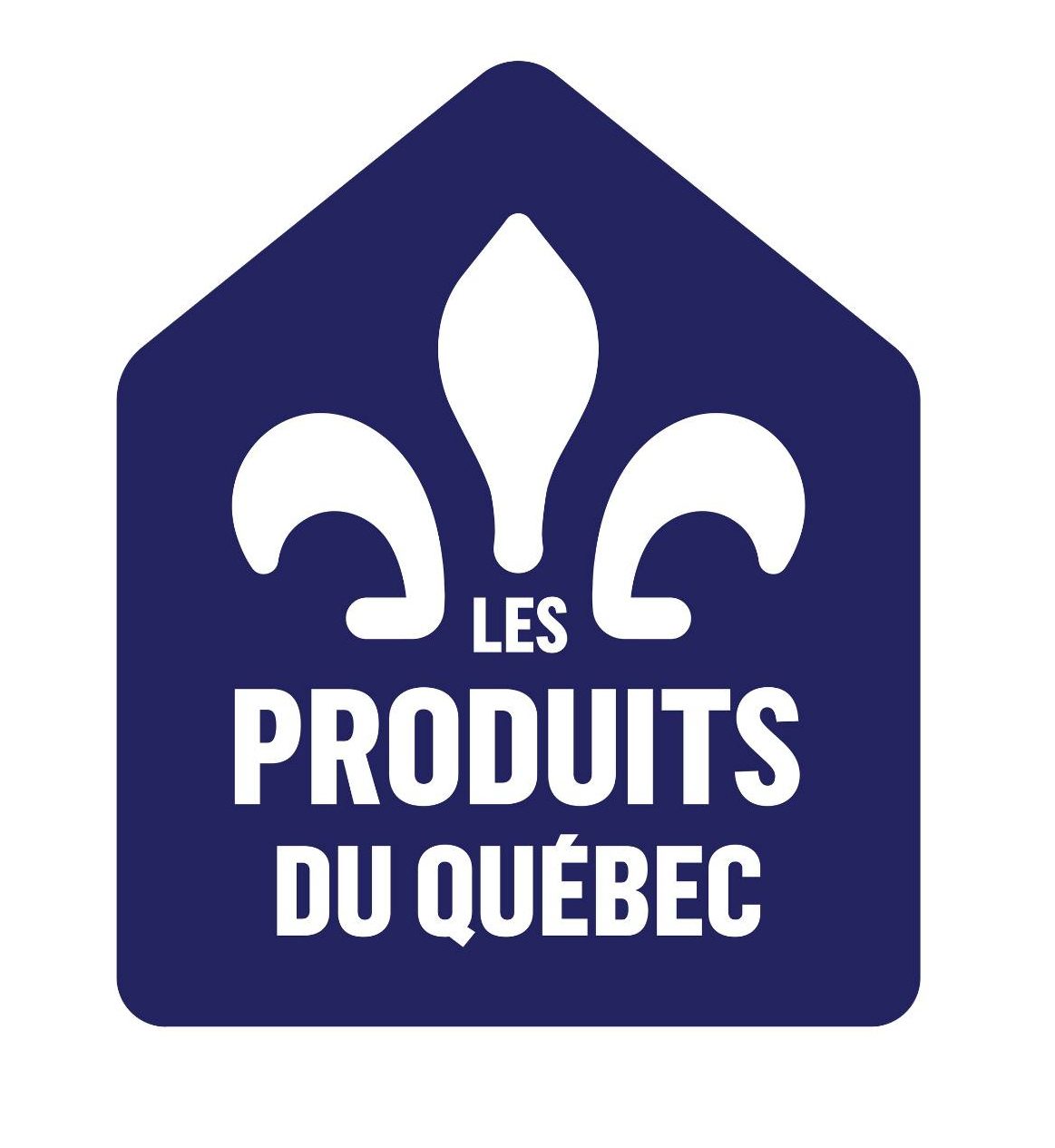 Logo for "Les Produits du Québec": blue house shape with white fleur-de-lis.