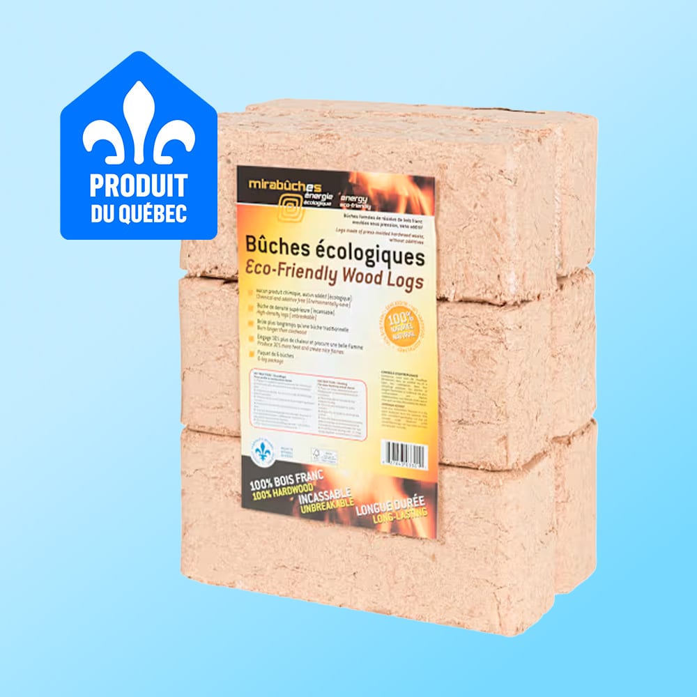 Stack of Mirabûches eco-friendly wood logs with a "Produit du Québec" logo.