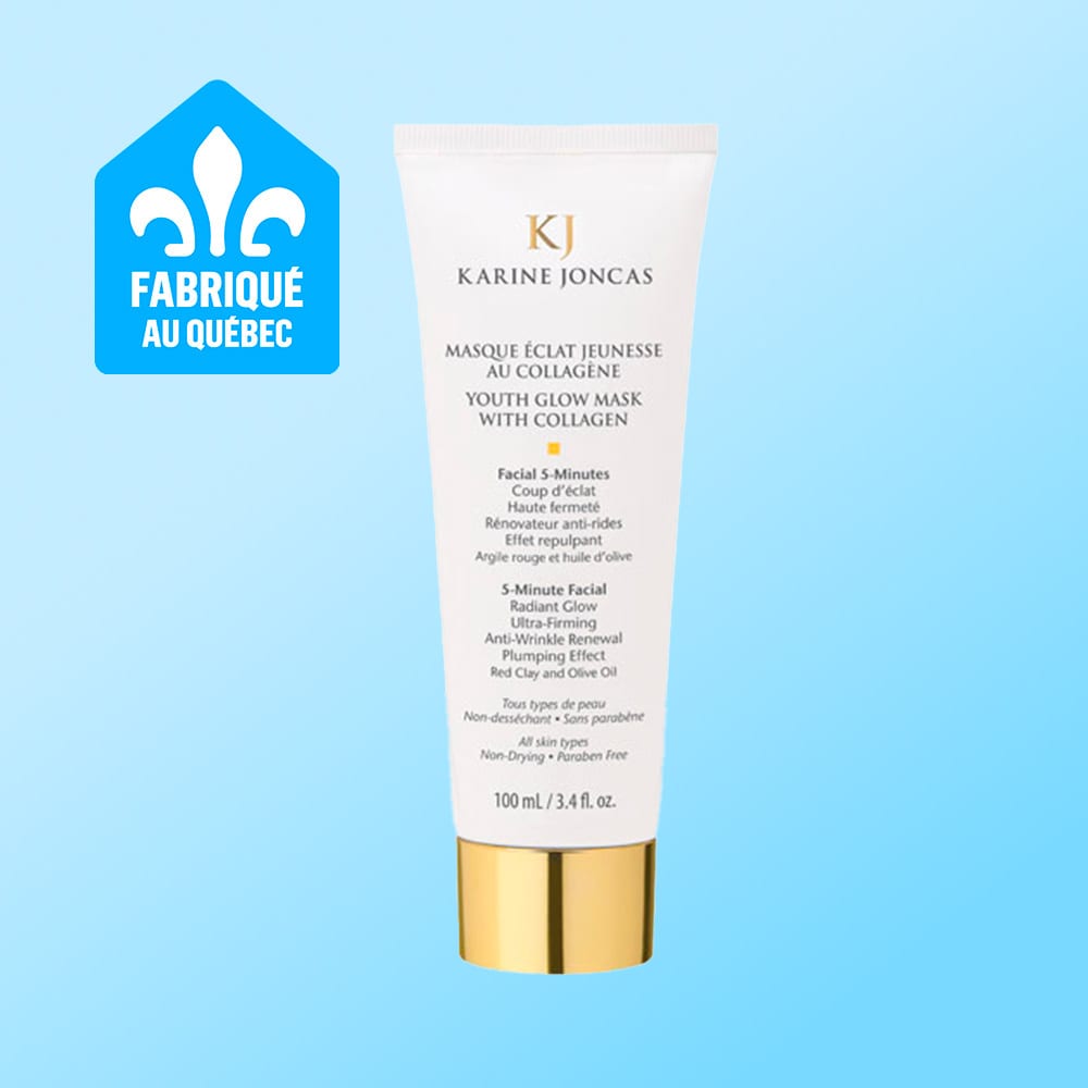 Karine Joncas Youth Glow Mask tube, 100ml, with "Made in Quebec" logo.
