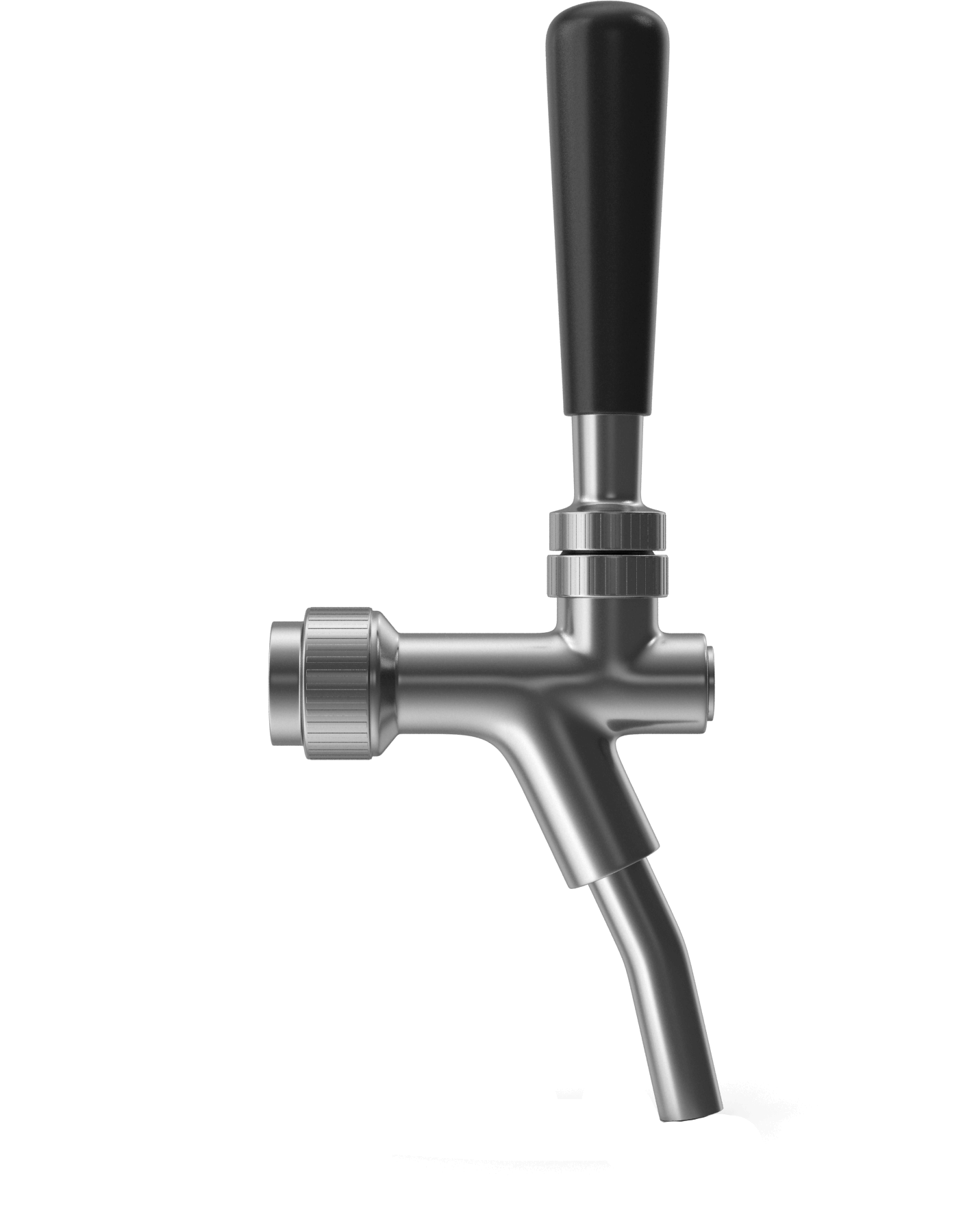 Shiny metal beer tap with black handle on black background.