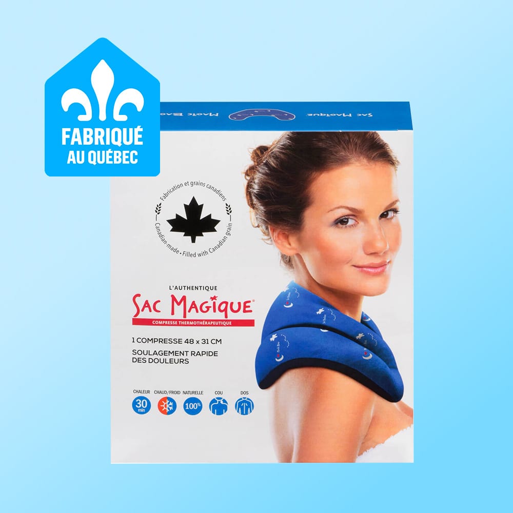 Box for Sac Magique thermal compress, featuring a woman wearing it and a "Made in Quebec" logo.