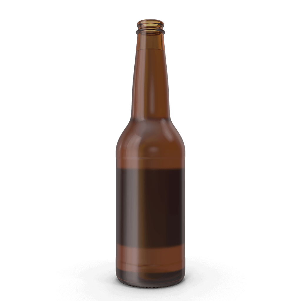Brown glass bottle with a blank label area against a black background.