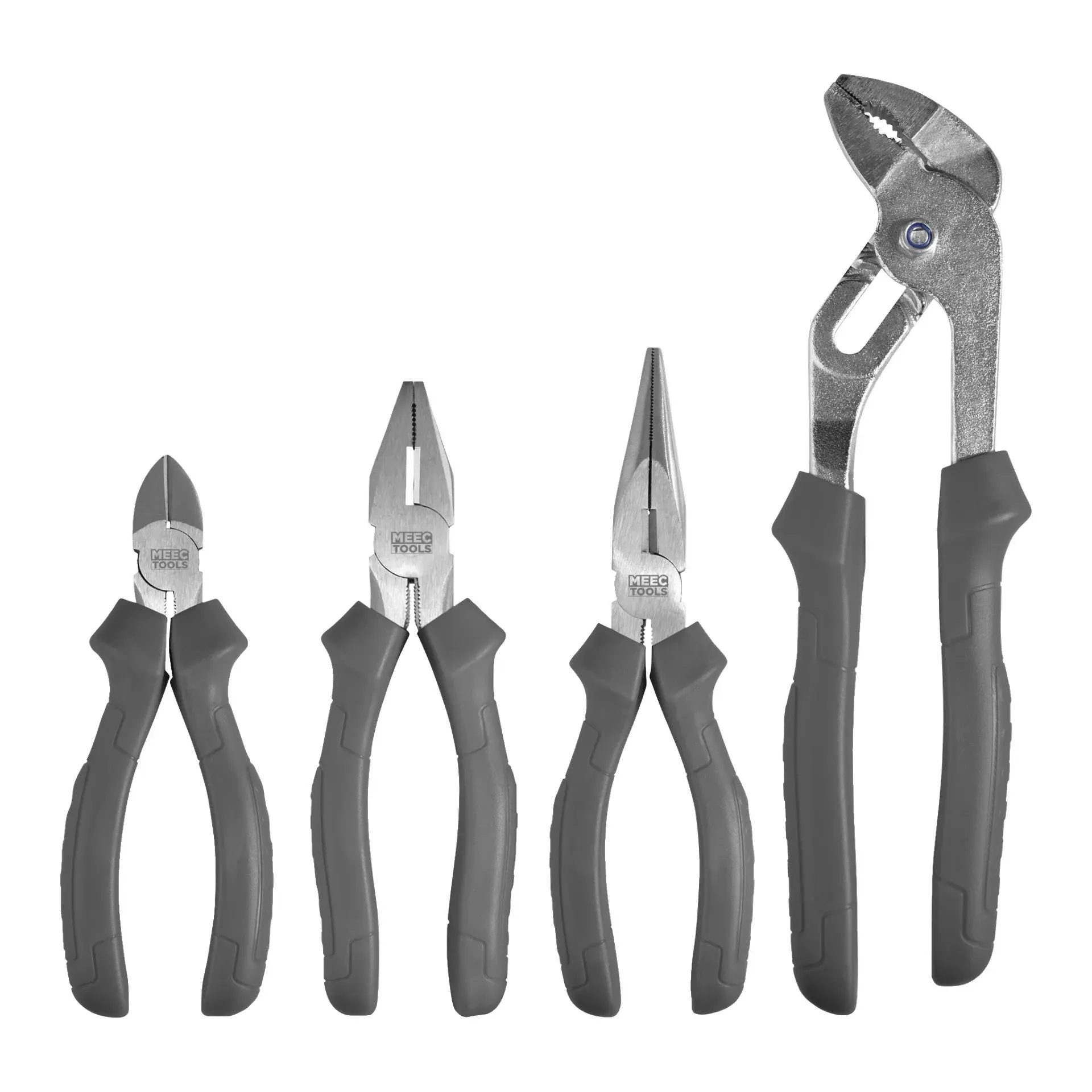 Four MEEC TOOLS pliers: diagonal cutters, combination, long nose, and water pump.