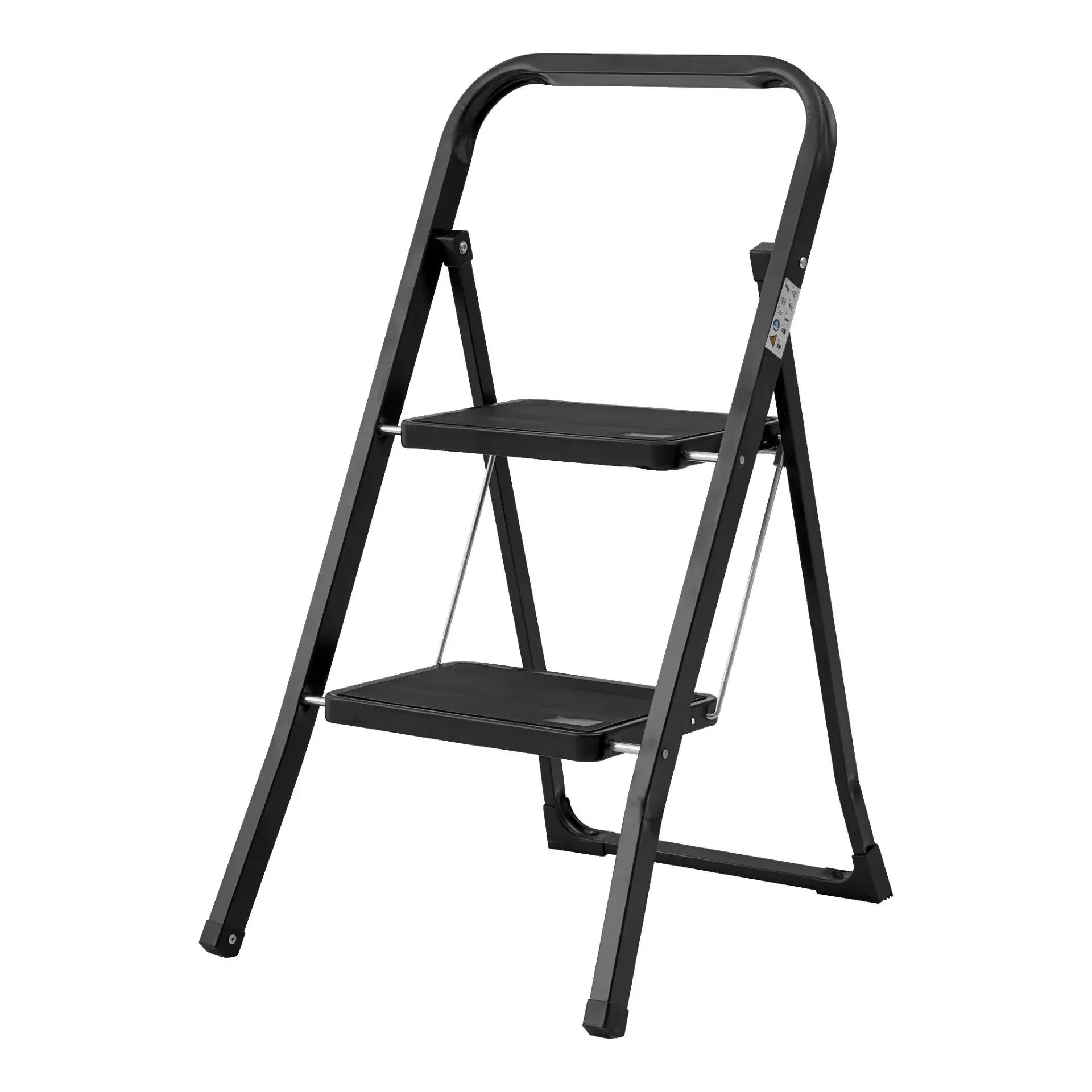 Black two-step ladder with handrail.