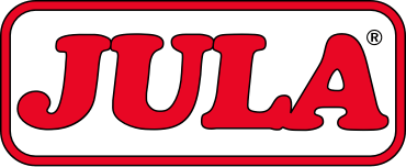 Red "JULA" logo with black outline, in a white rounded rectangle with red and black border.