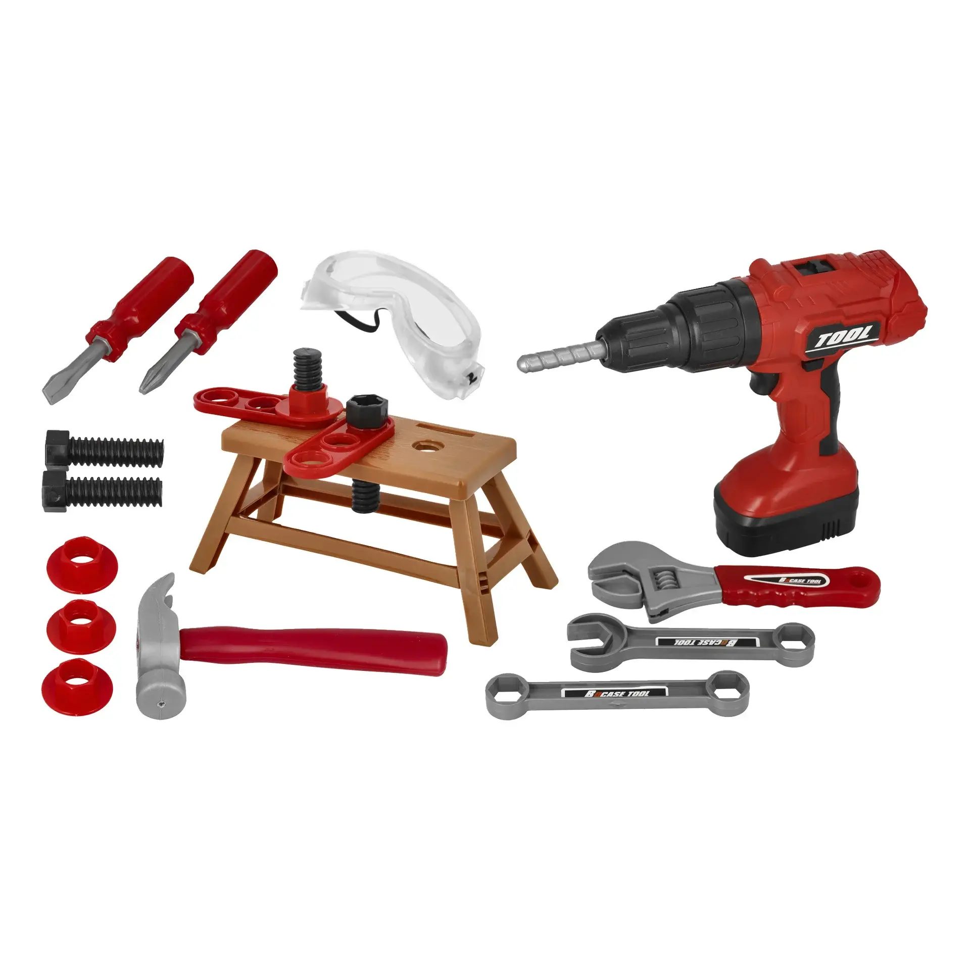Toy tool set with red drill, screwdrivers, hammer, wrenches, workbench, goggles, and hardware.