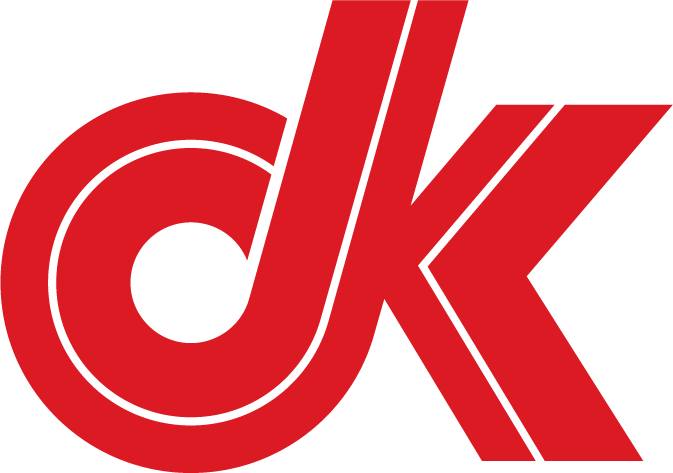 Stylized red "dk" letters on a green background.