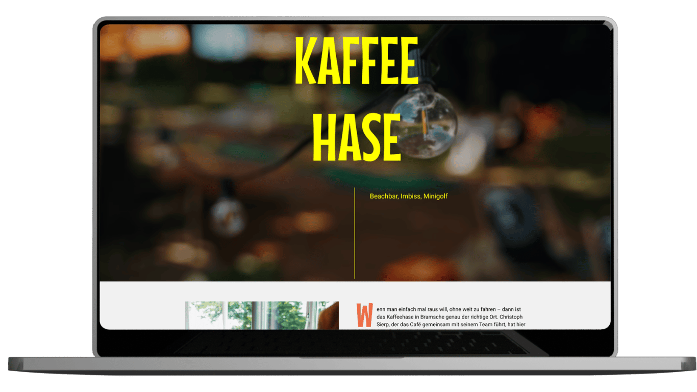 Laptop displaying a website for "Kaffee Hase" cafe, featuring beachbar, imbiss, and minigolf.