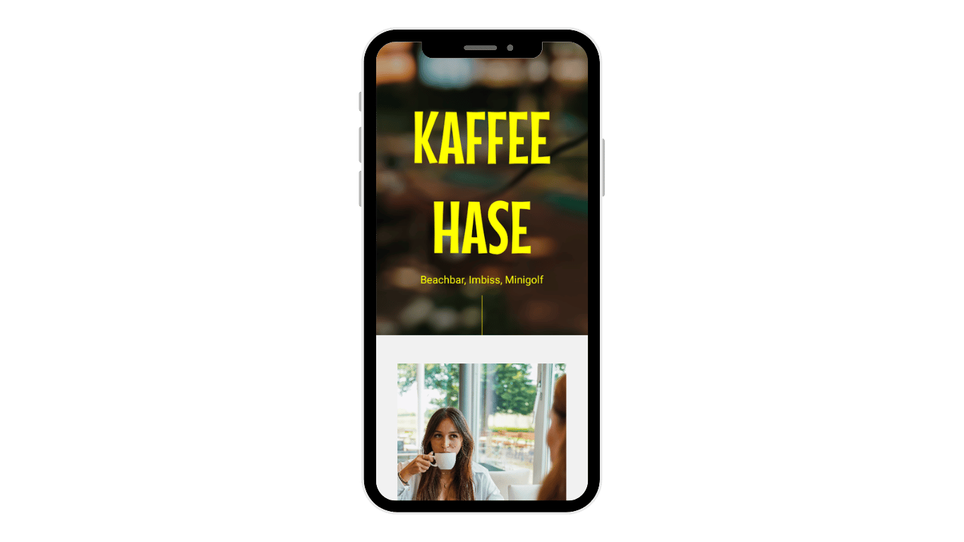 Smartphone displaying "Kaffee Hase" website, with text and a woman drinking coffee.
