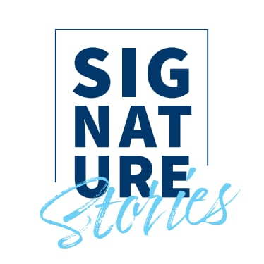 SIGNATURE Stories logo. 'SIGNATURE' stacked in blue frame, 'Stories' in light blue script.