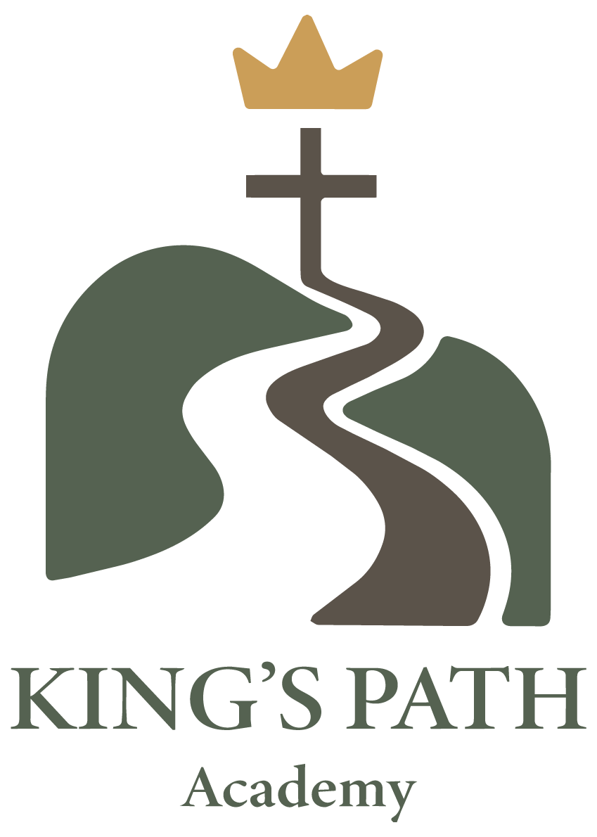 Logo for King's Path Academy featuring a golden crown atop a cross and a winding path through hills.