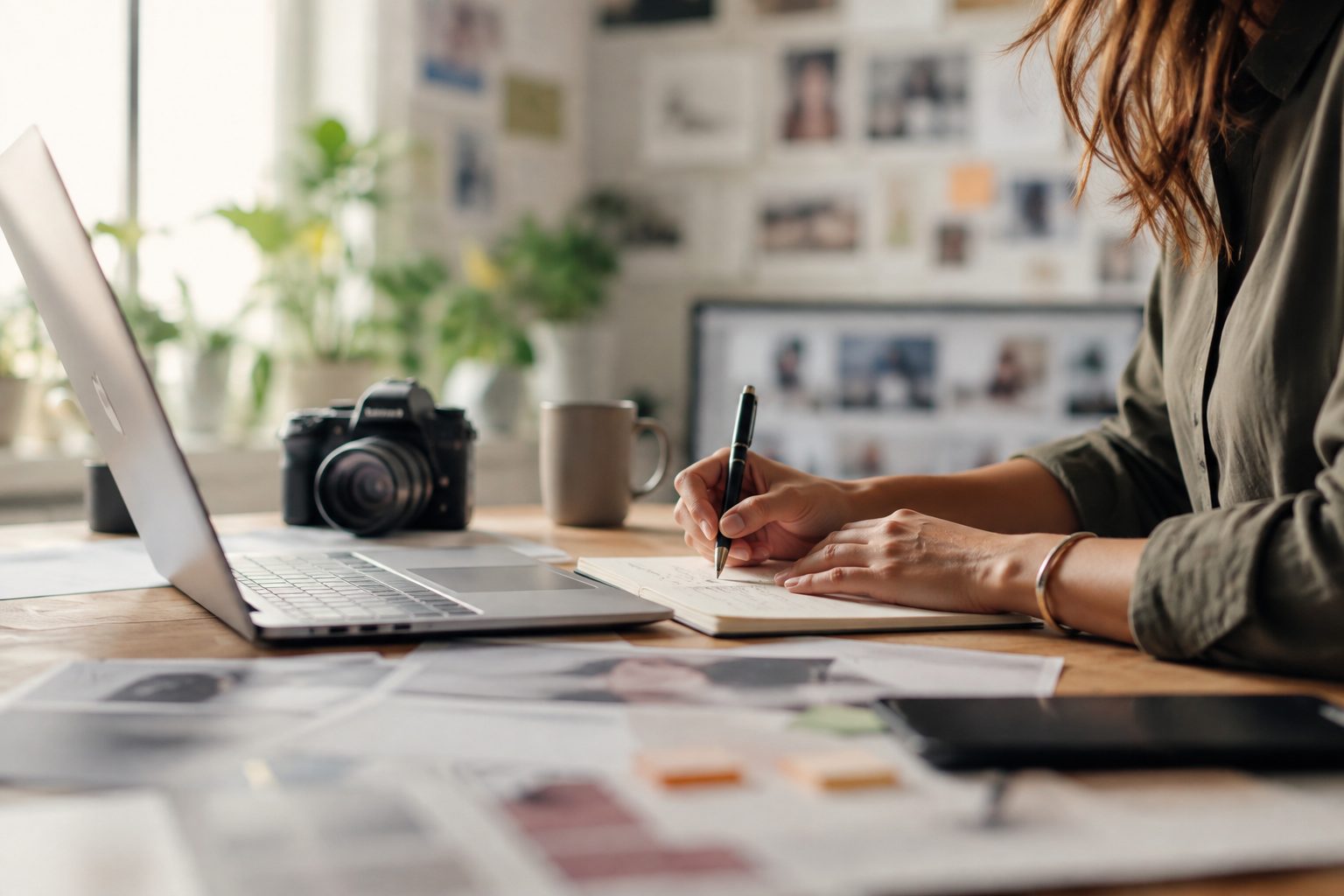 Close-up of person writing in notebook at desk with laptop and camera, highlighting creative work.