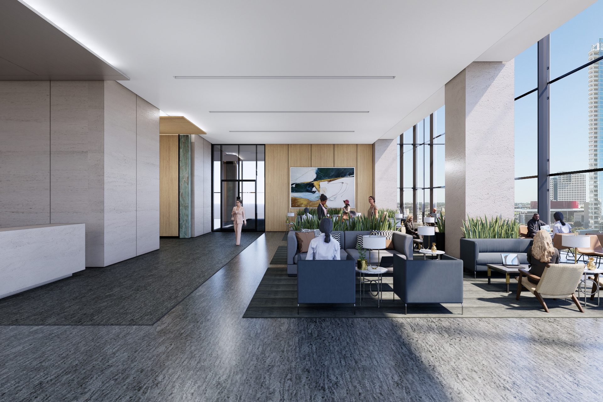 Interior design, Plant, Houseplant, Flooring, Floor, Wood, Hall, Fixture, Chair