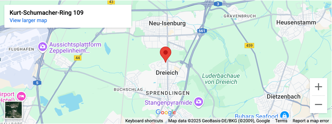 Google Map showing Kurt-Schumacher-Ring 109 in Dreieich, Germany, marked by a red pin.