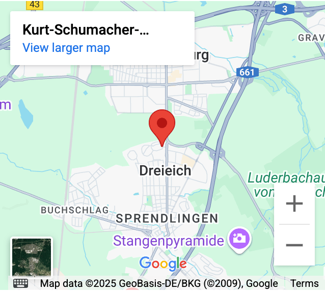 Google map of Dreieich, Germany, with a pinpoint on "Kurt-Schumacher-" street/place.
