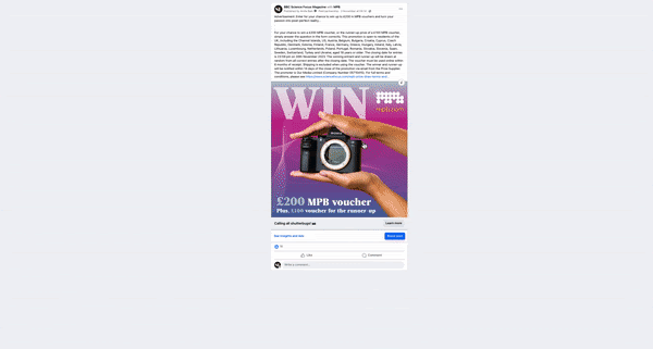 Social media post: Hands holding a camera, "WIN £200 MPB voucher" on a purple background.