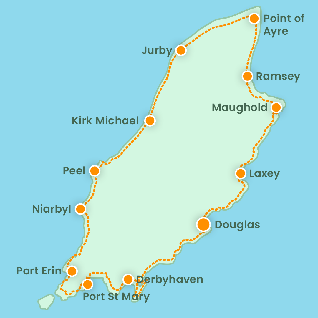 An outline map of the Isle of Man showing its coastal towns and a dotted route around the island.