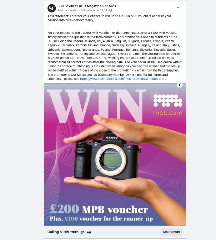 Ad by BBC Science Focus/MPB: Win £200 voucher. Hands hold a Sony camera.