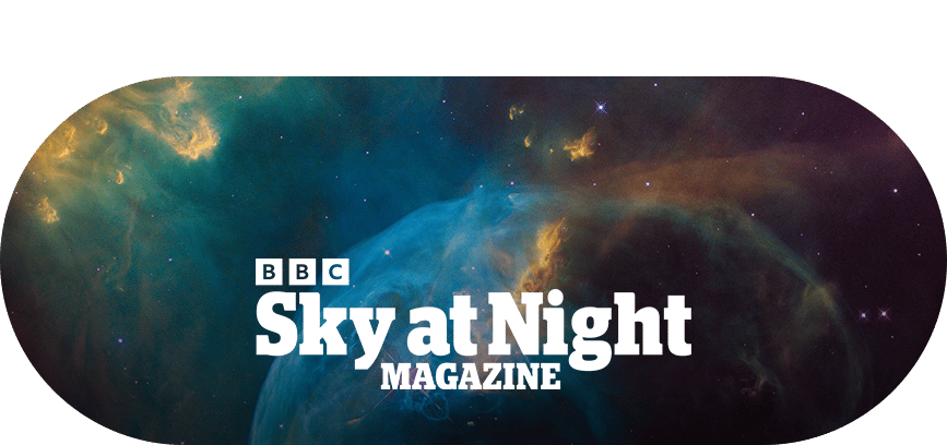 BBC Sky at Night Magazine title against a cosmic nebula background with stars.