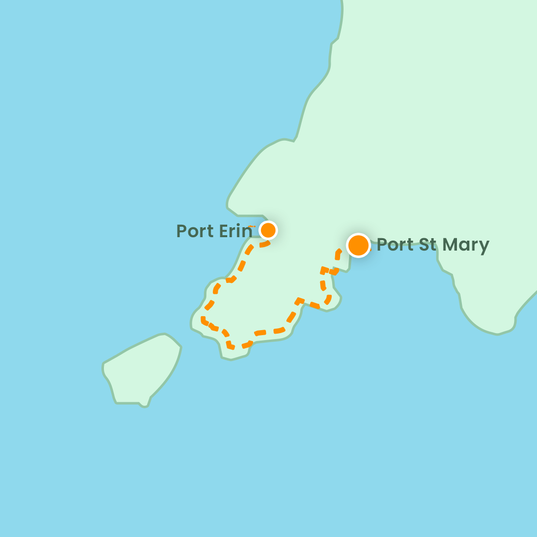 A map showing a dashed orange route connecting Port Erin and Port St Mary on an island.