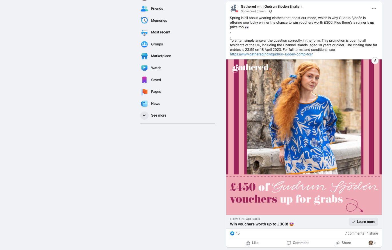 Facebook ad: Woman in blue top for Gudrun Sjödén voucher contest. Ends 18 April.