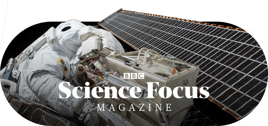 Astronaut, solar panel, and BBC Science Focus Magazine title.