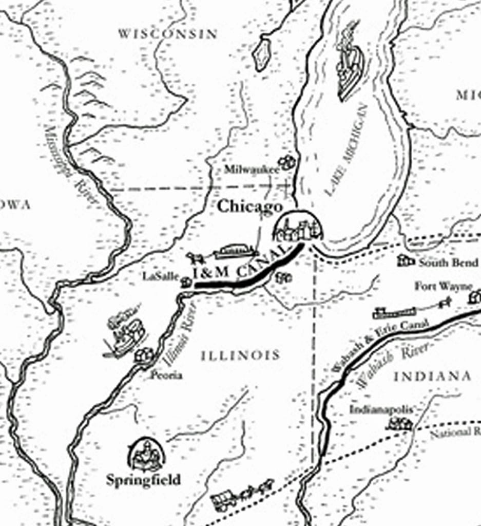 Map showing the I&M Canal connecting Chicago to the Illinois River and Mississippi River system.