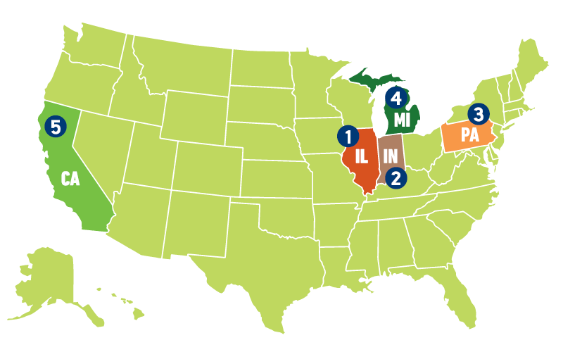 Map of the US highlighting 5 states: California, Illinois, Indiana, Michigan, and Pennsylvania.
