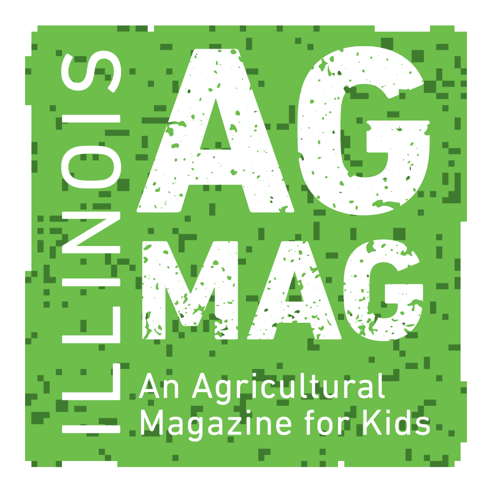 Green square logo for Illinois Ag Mag, an agricultural magazine for kids, with white textured text.