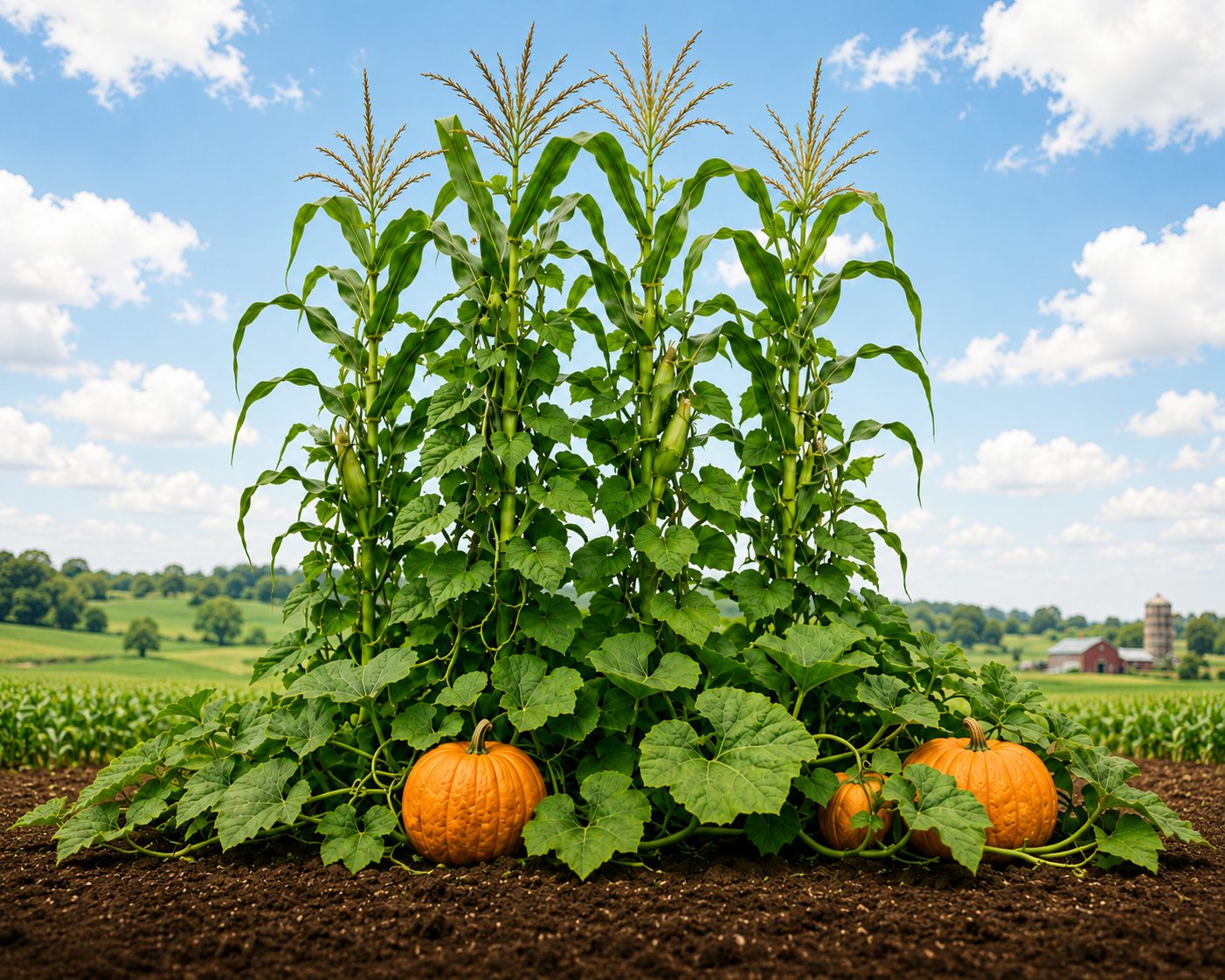 Three corn stalks, intertwined with vine leaves, grow from the soil alongside three orange pumpkins.