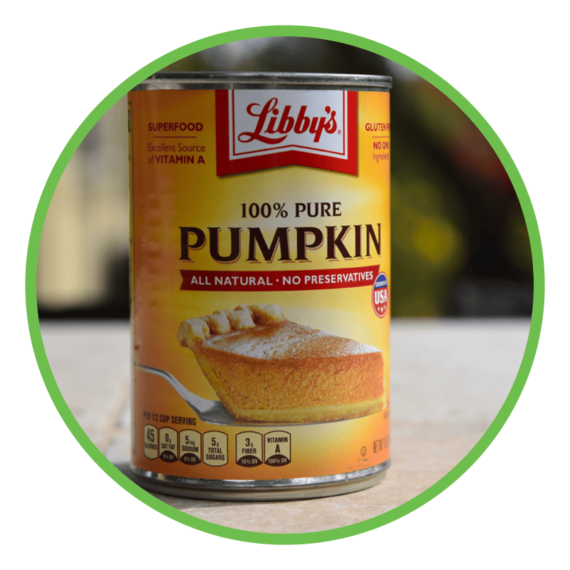 A Libby's 100% Pure Pumpkin can featuring a pumpkin pie slice graphic and nutritional facts.