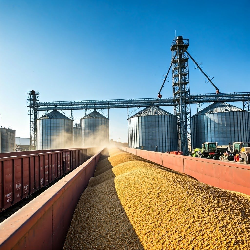 Train cars full of corn grain, with silos and a grain elevator under a clear sky.