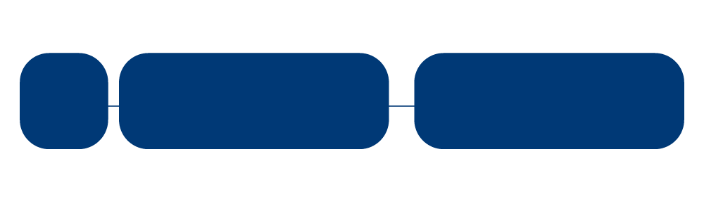 Three blue rounded rectangles of varying sizes connected by thin lines, arranged horizontally.