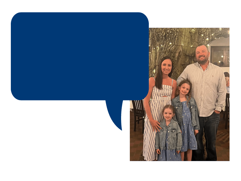 Chat bubble with photo of a family next to it