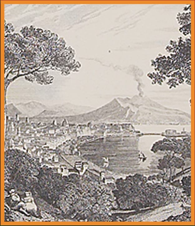 Historic drawing of Naples Bay with Mount Vesuvius smoking.