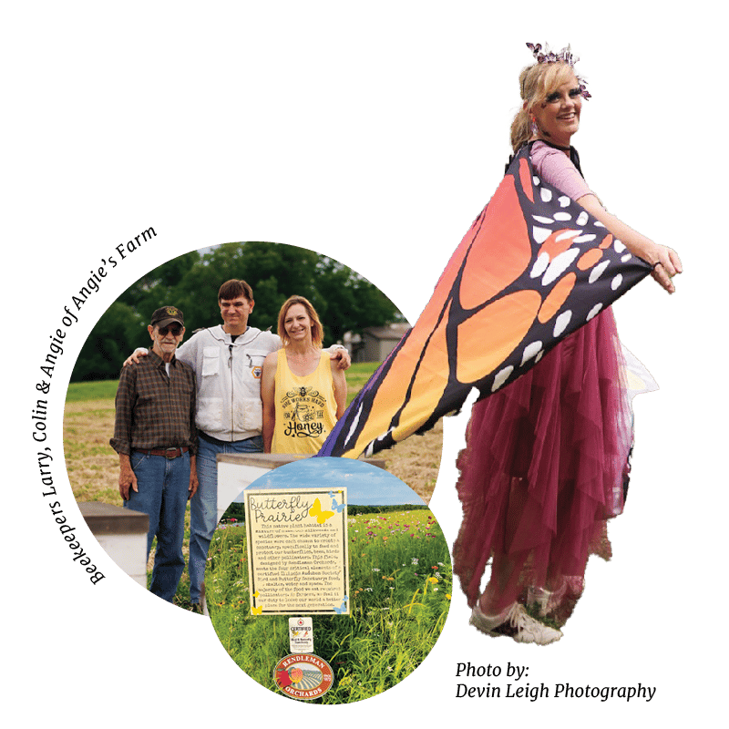 Group of three people posing in a circle with text written around it Beekeepers Larry, Colin & Angie of Angie's Farm. A woman standing up next to that with Photo by Devin Leigh Photography. 
